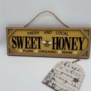 Set of Two Sweet Honey Wall Signs- Yellow and Black Bee Decor